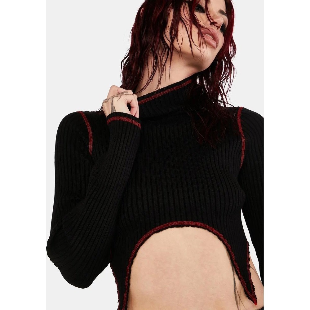 The Kript Kamina Sweater Black Red Contrast Stitch Cropped Ribbed Knit M Goth